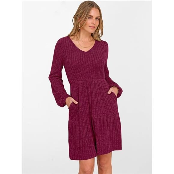 Women's Long Sleeve Ribbed Knit Flowy Swing Red - Picture 4 of 6